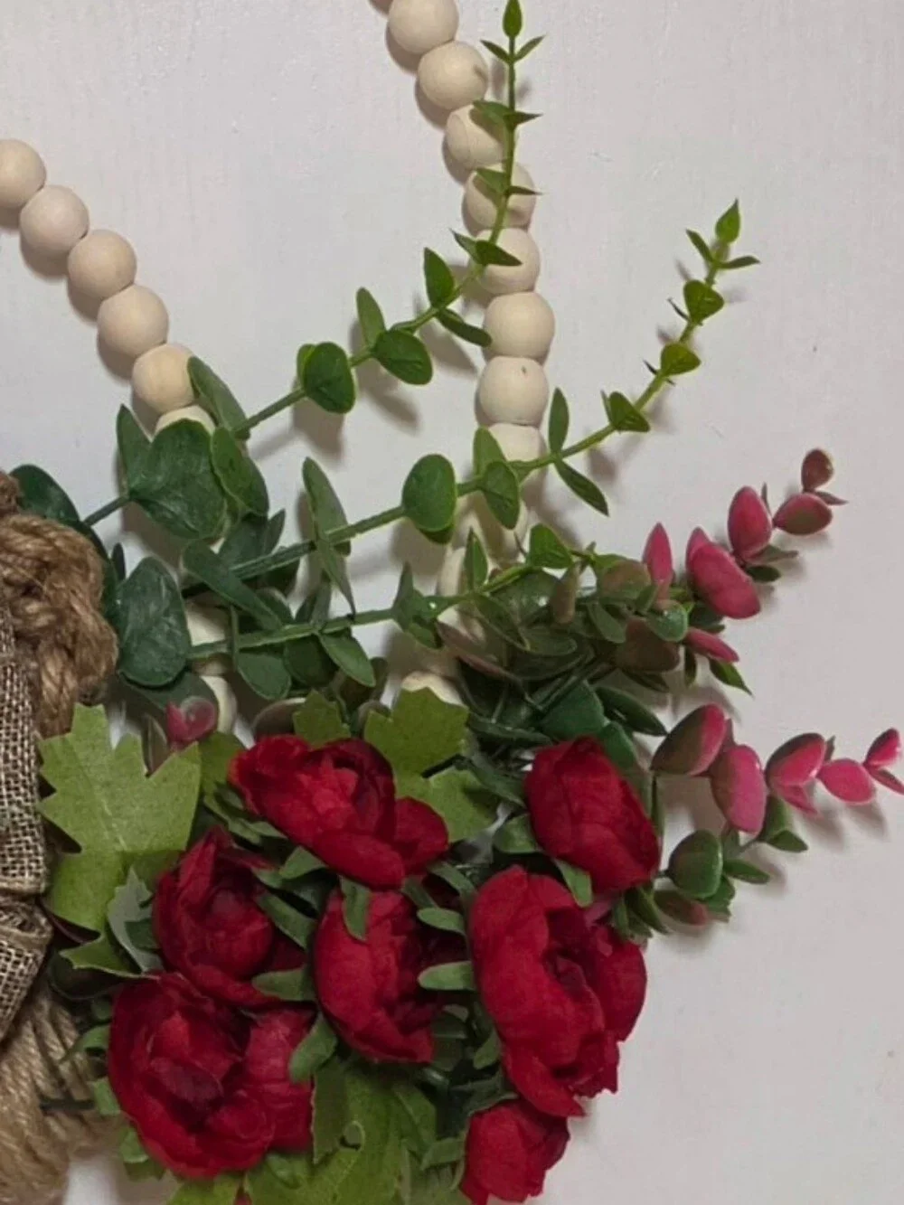 Floral Double-Beaded Hoop Wreath Featuring Red Roses and Green Burlap Flower